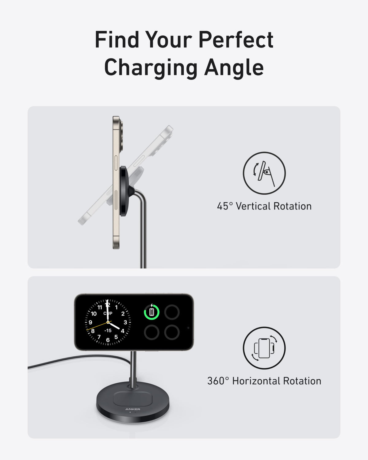 Anker charging stand with phone rotated 45° and 360° for adjustable charging angle