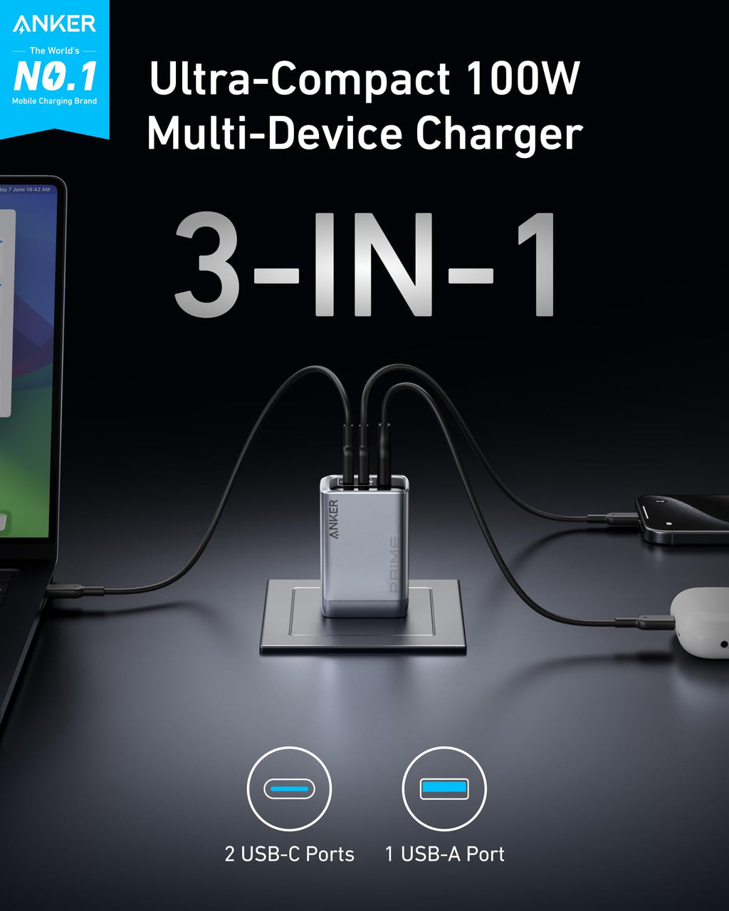 Anker Prime Charger (100W, 3 Ports, GaN) and Anker Prime USB-C to USB-C Cable (240W, Upcycled-Braided)