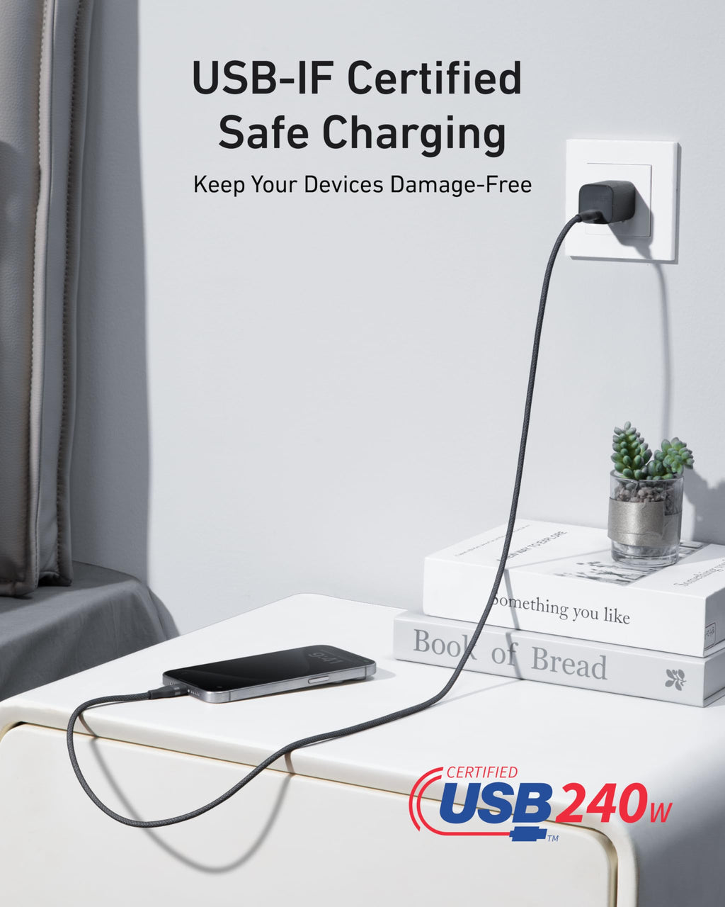 Anker Prime Charger (200W, 6 Ports, GaN) and Anker USB-C to USB-C Cable (6 ft, 240W, Upcycled-Braided)